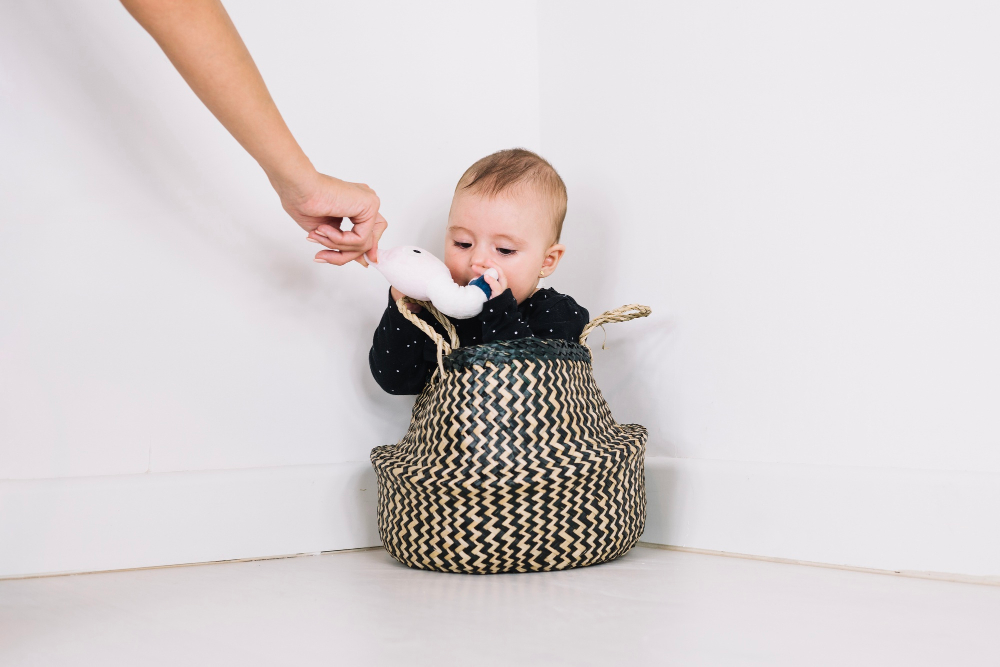 תינוק יושב בסל